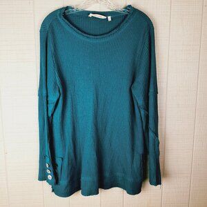 Soft Surroundings Waffle Knit Tunic Top Teal Long Sleeve Button